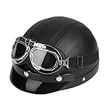 Universal Motorrad Roller Helm Kunstleder Offenes Gesicht Halbhelm mit Visier Und UV- Brille (Schwarz)
