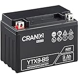 CranQ YTX9-BS Motorradbatterie 12V 9Ah 120A AGM-Batterie rüttelfest Roller Starterbatterie leistungsstark, wartungsfrei