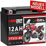 LANGZEIT YTX12-BS Motorradbatterie 12V 12Ah 225A/EN Gel Batterie 12V doppelte Lebensdauer entspricht CTX12-BS 51012 GTX12-BS Quad vorgeladen auslaufsicher wartungsfrei