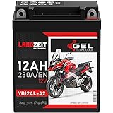LANGZEIT YB12AL-A2 GEL Motorradbatterie 12V 12Ah 230A/EN 51213 GEL12-12AL-A YB12AL-A Gel Batterie 12V doppelte Lebensdauer vorgeladen auslaufsicher wartungsfrei ersetzt 10Ah